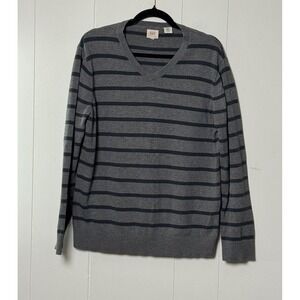 Levis Mens V-Neck Sweater Grey Black Striped 100% Cotton Pullover Knit Top Sz XL